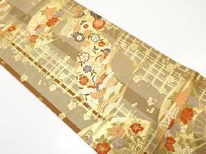 扇に鴛鴦・枝梅・蝶模様織り出し　袋帯